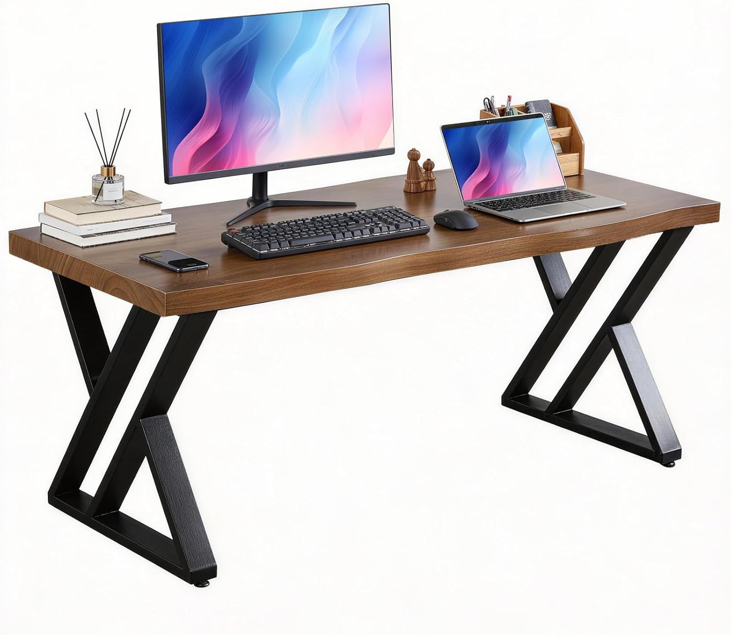 Solid Wood and Metal Modern Industrial 55 Inch Wide Home Office Desk, Writing Ta