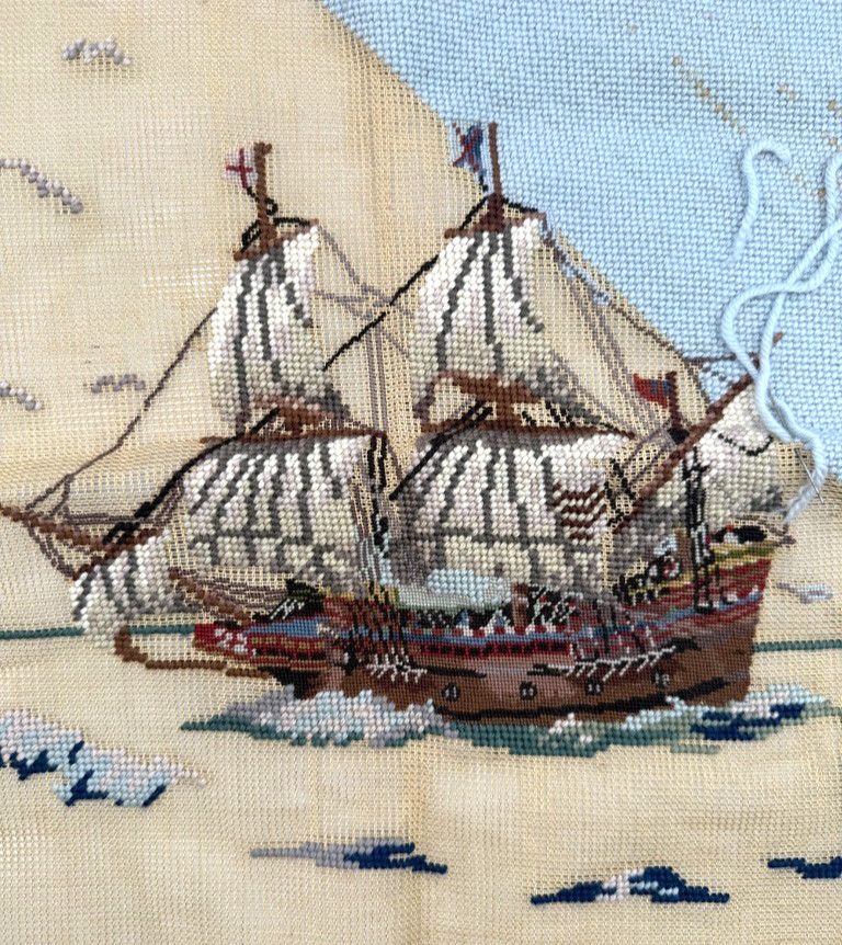 STARTED Needlepoint Canvas Panel Ship Boat Sails Nautical Ocean Seagulls Vintage