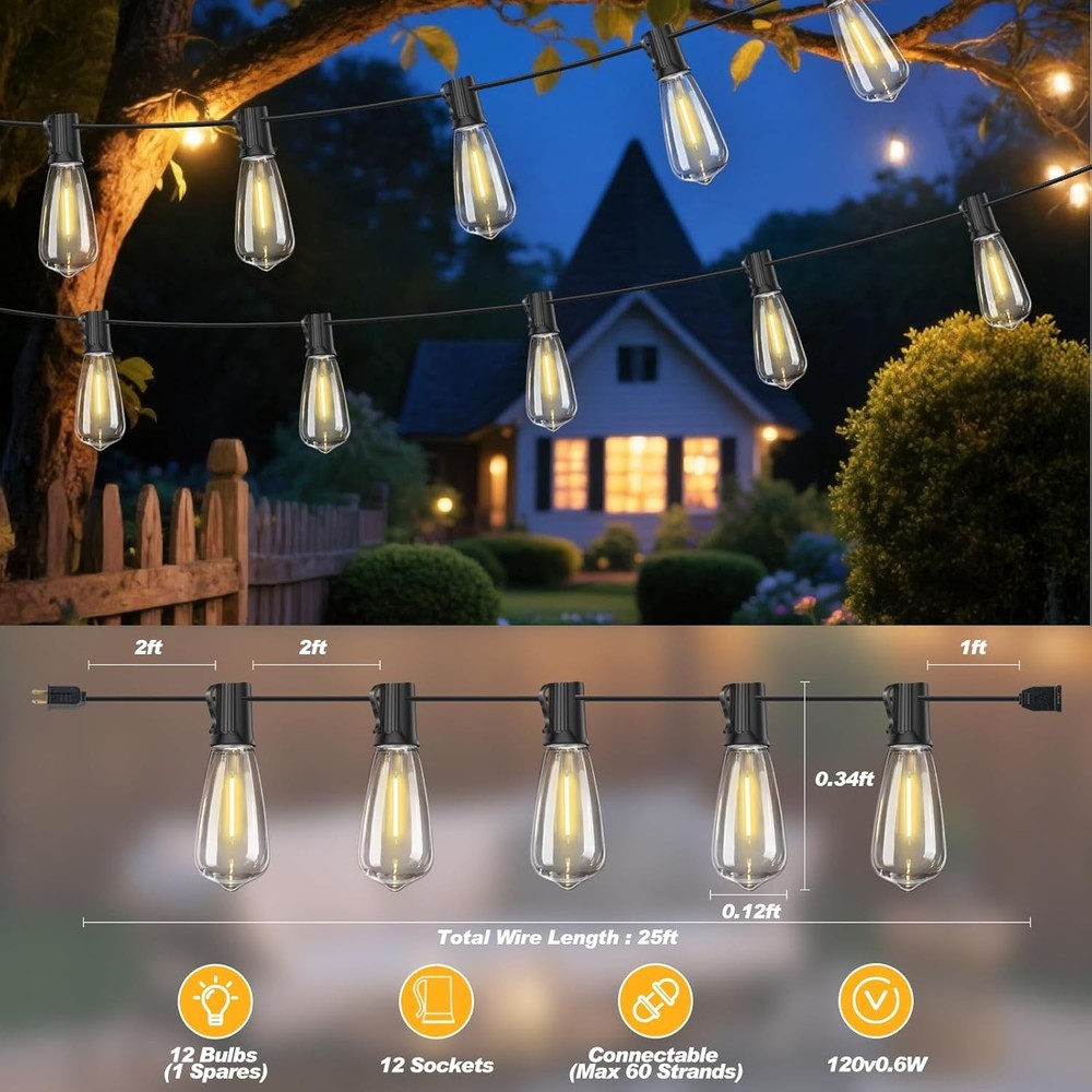 25FT Waterproof LED Edison Bulb String Lights - Shatterproof for Outdoor Use