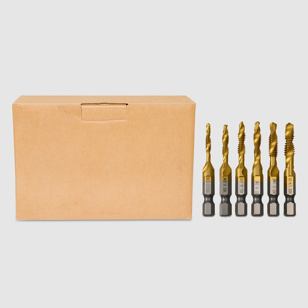6Pcs SAE Drill Tap Set 3-in-1 HSS 4341 Titanium Drilling Tapping Deburring Tool