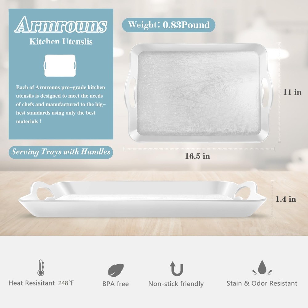 White Serving Trays with Handles 2 PCS 16x11.2 Inch Rectangular Plastic