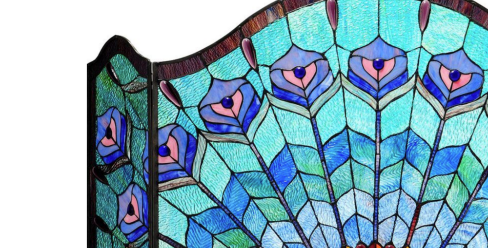 Peacock Tail Feather Tiffany-Style 3-Panel Stained Glass Fireplace Screen
