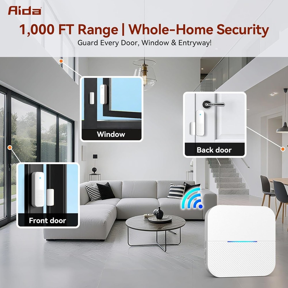 AIDA Door Alarms When Opened Wireless Ring 1 Chime-2 Sensor, White