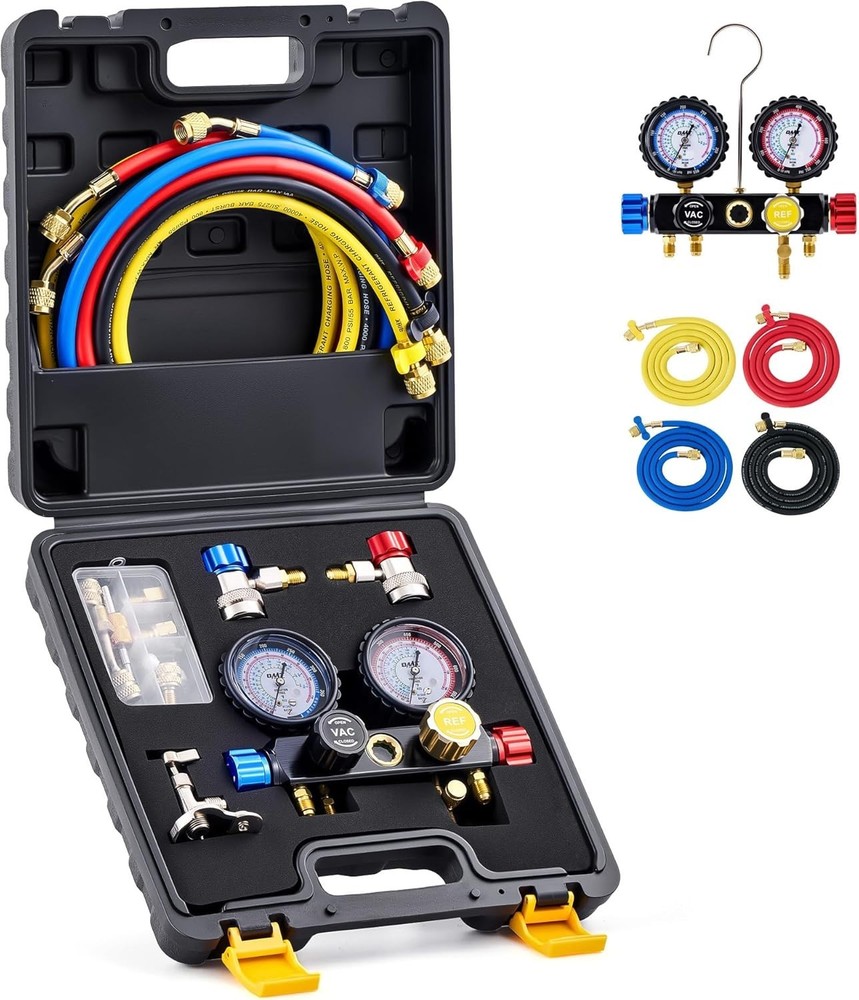 Durable 4 Valve AC Manifold with Color-Coded Hoses & Complete Adapter Kit