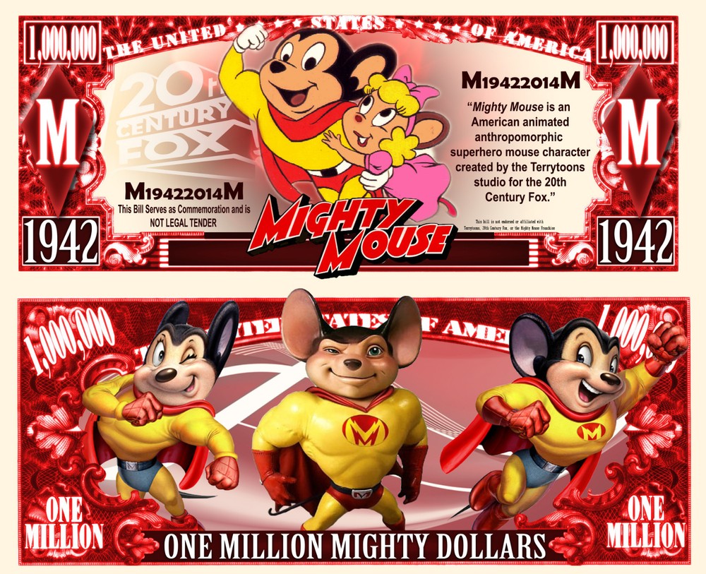 Mighty Mouse Million Dollar Bill Play Funny Money Novelty Note +FREE SLEEVE