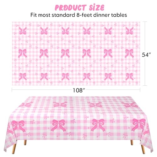 3PCS Pink Bow Tablecloths, Disposable Pink and White Checkered Plastic Table