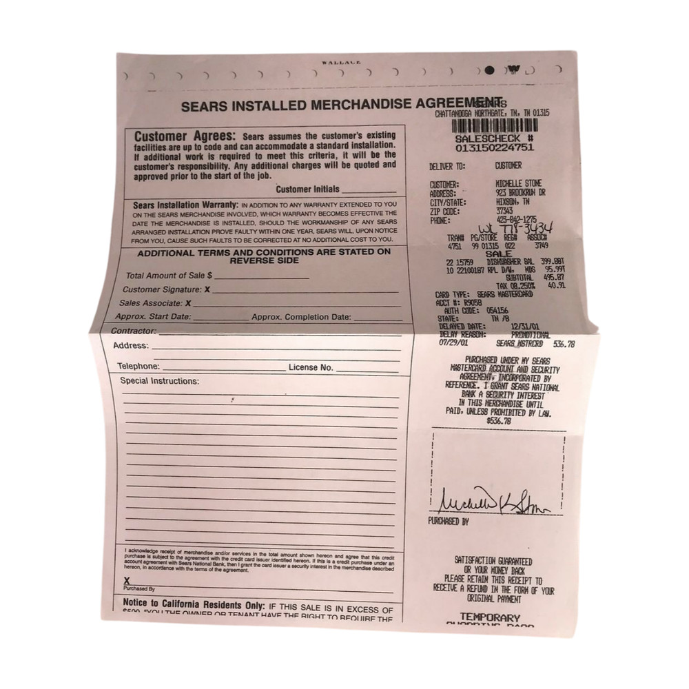 Sears Kenmore Dishwasher Documents (from around 2000–01)