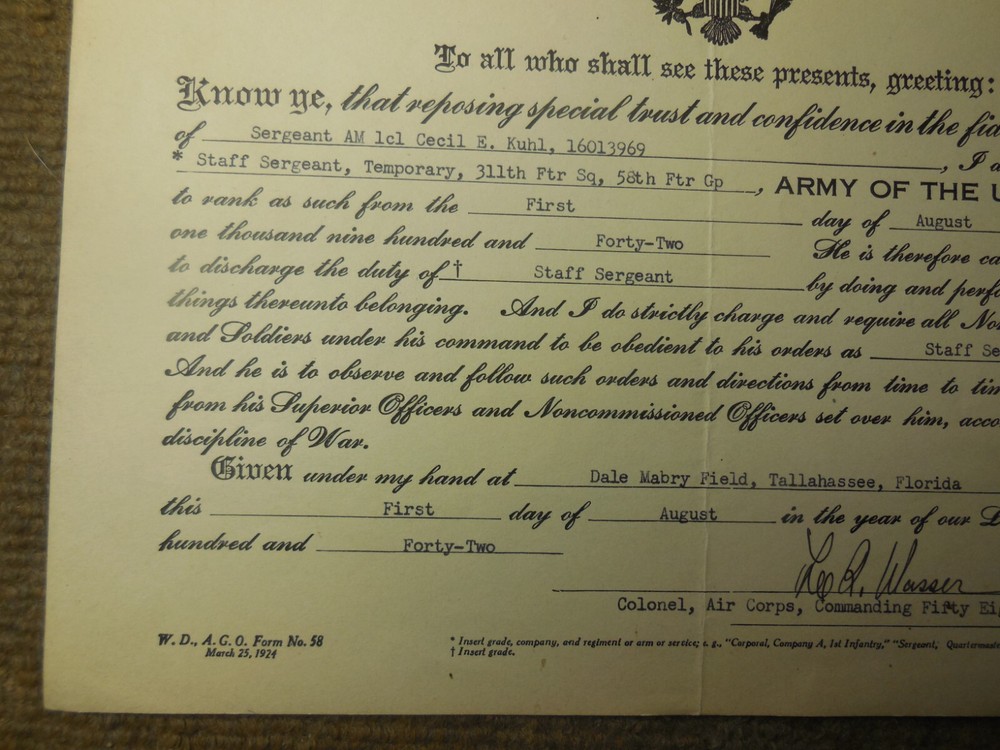 WWII 1942 USAAF Staff Sergeant Promotion Document 311th Fighter Squadron