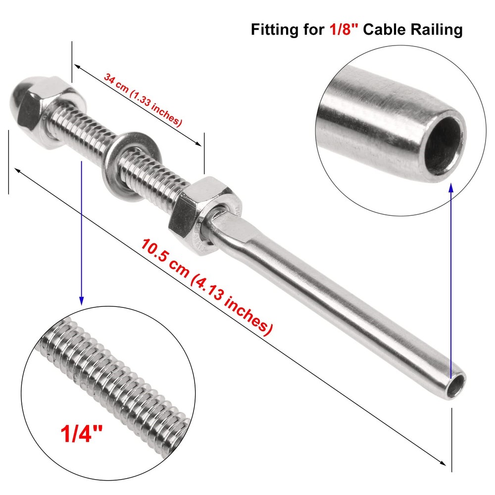 Cable Deck Railing Swage Threaded Terminal End Fitting for 1/8" Cable Wood Metal
