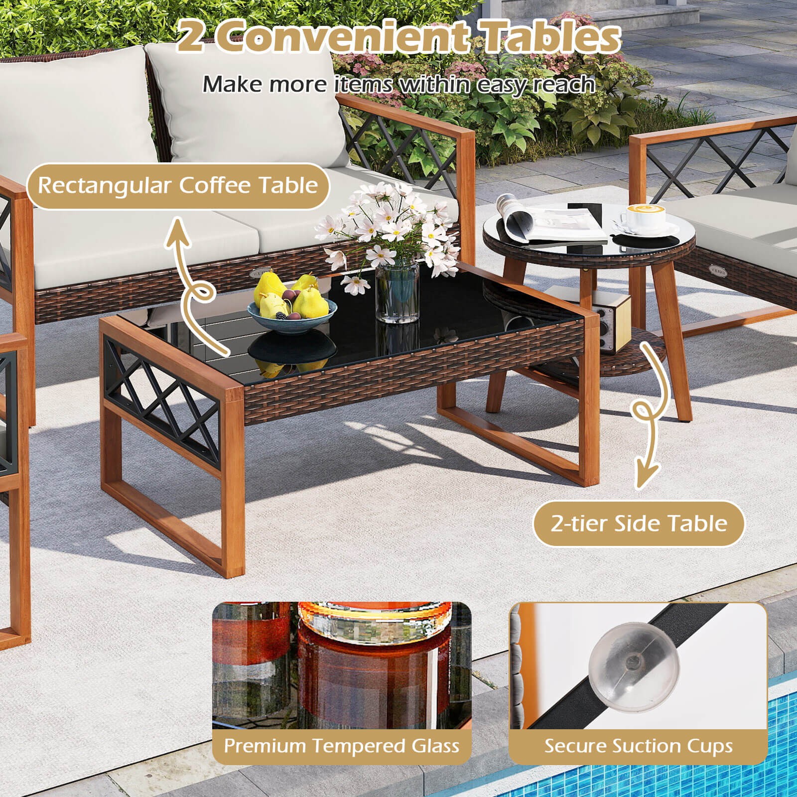 5 PCS PE Wicker Patio Furniture Set w/Acacia Wood Frame Cushions for Deck Garden