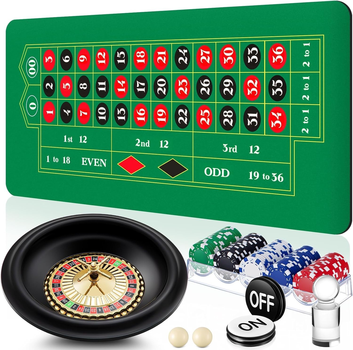 Roulette Wheel Game Set Include 16'' Black Roulette Wheel 35" x 16" Rubber Table