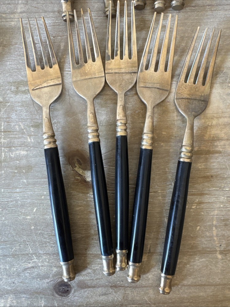 Vintage Brass & Black Bakelite Set Flatware Silverware 32 Piece Set