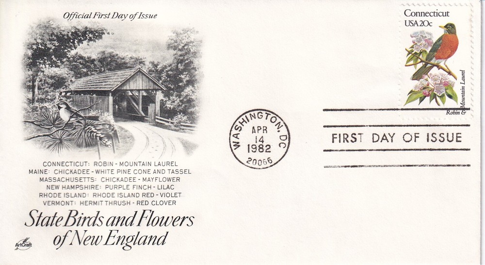STAMP US SCOTT 1959 "Connecticut State Birds & Flower" 20 CENT FDC 1982
