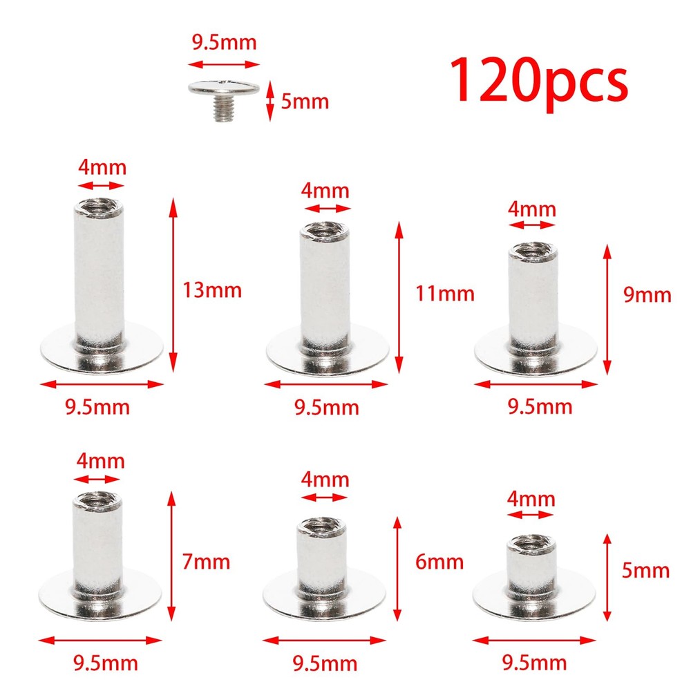 120 Sets Silver M4 Chicago Screws Leather Assorted Kit 6 Sizes Binding