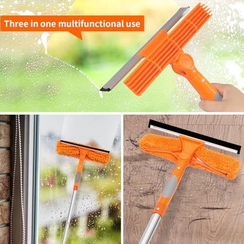 72" Window Squeegee Cleaning Kit with Extension Pole, 3-in-1 Tool, Rotatable Hea