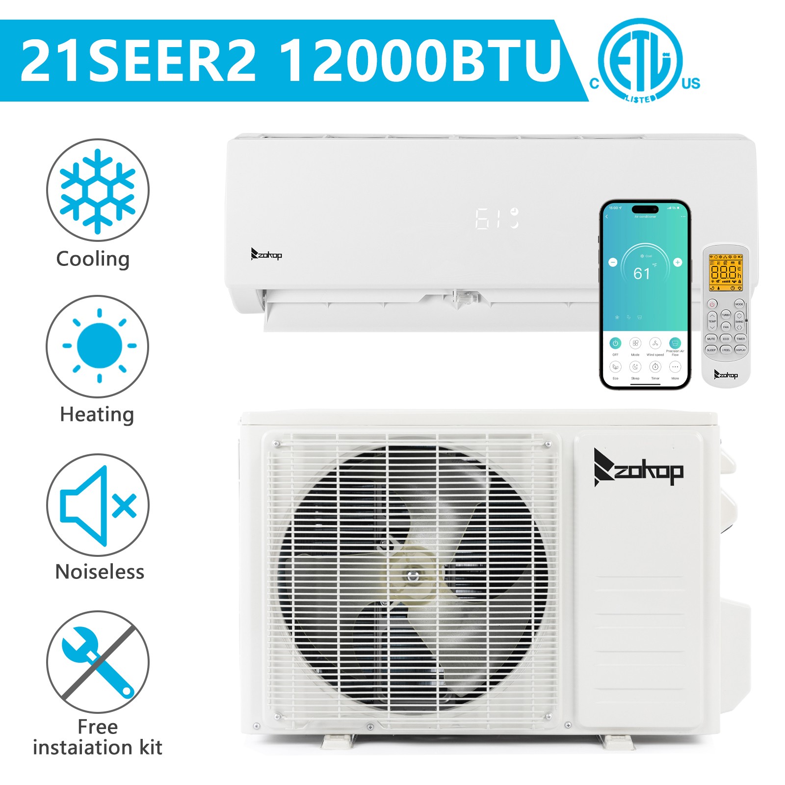 12000 BTU 21 SEER Mini Split Air Conditioner & Heat Pump 115V Inverter AC w/Wifi