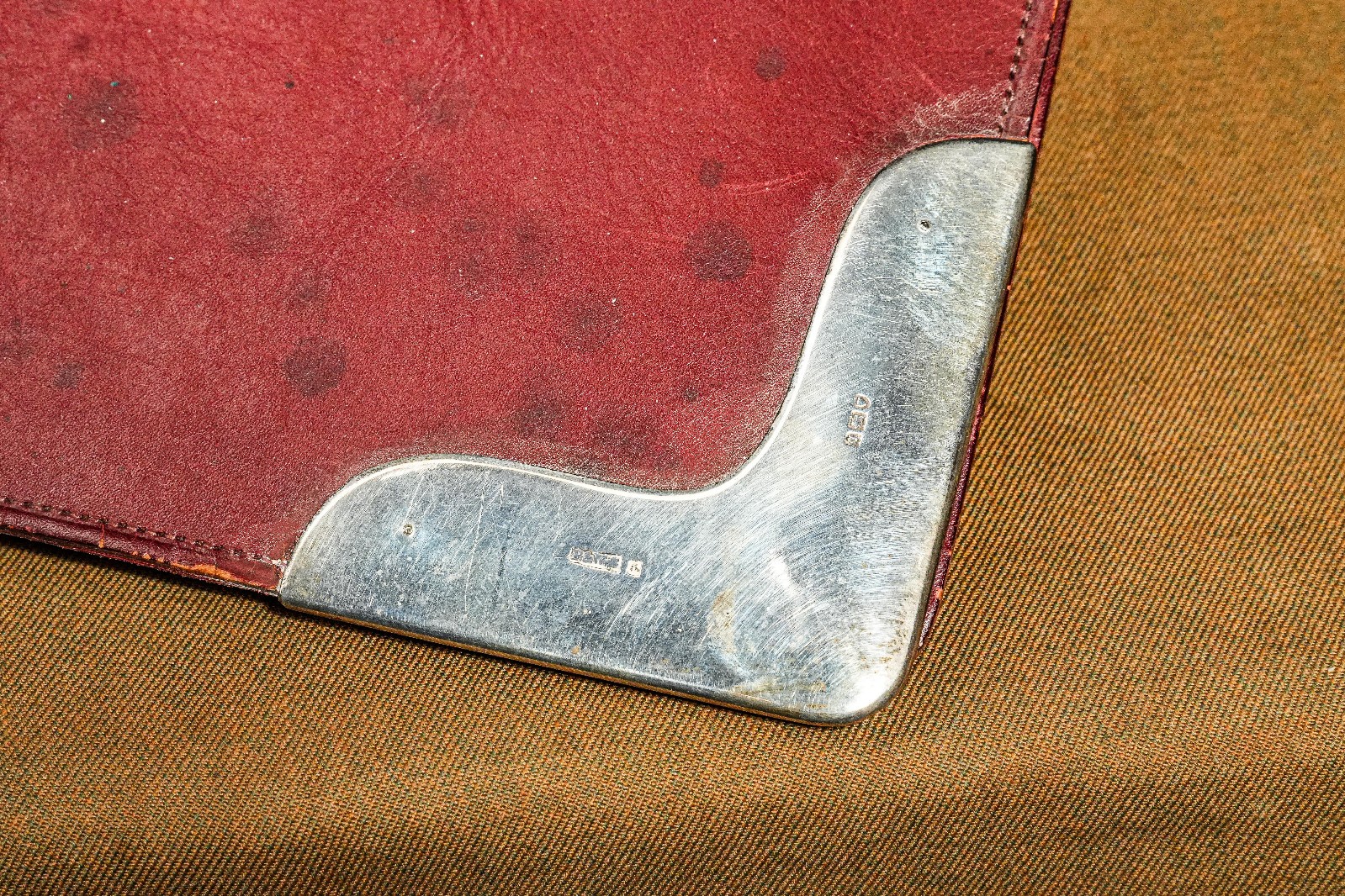 Handsome English Leather Document Desk Folio Folder Antique Sterling Silver