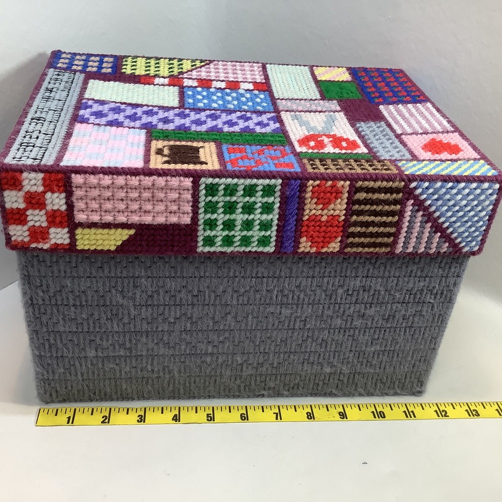 Vintage Compleated Handmade Large Plastic Canvas Sewing Basket Patchwork Motief