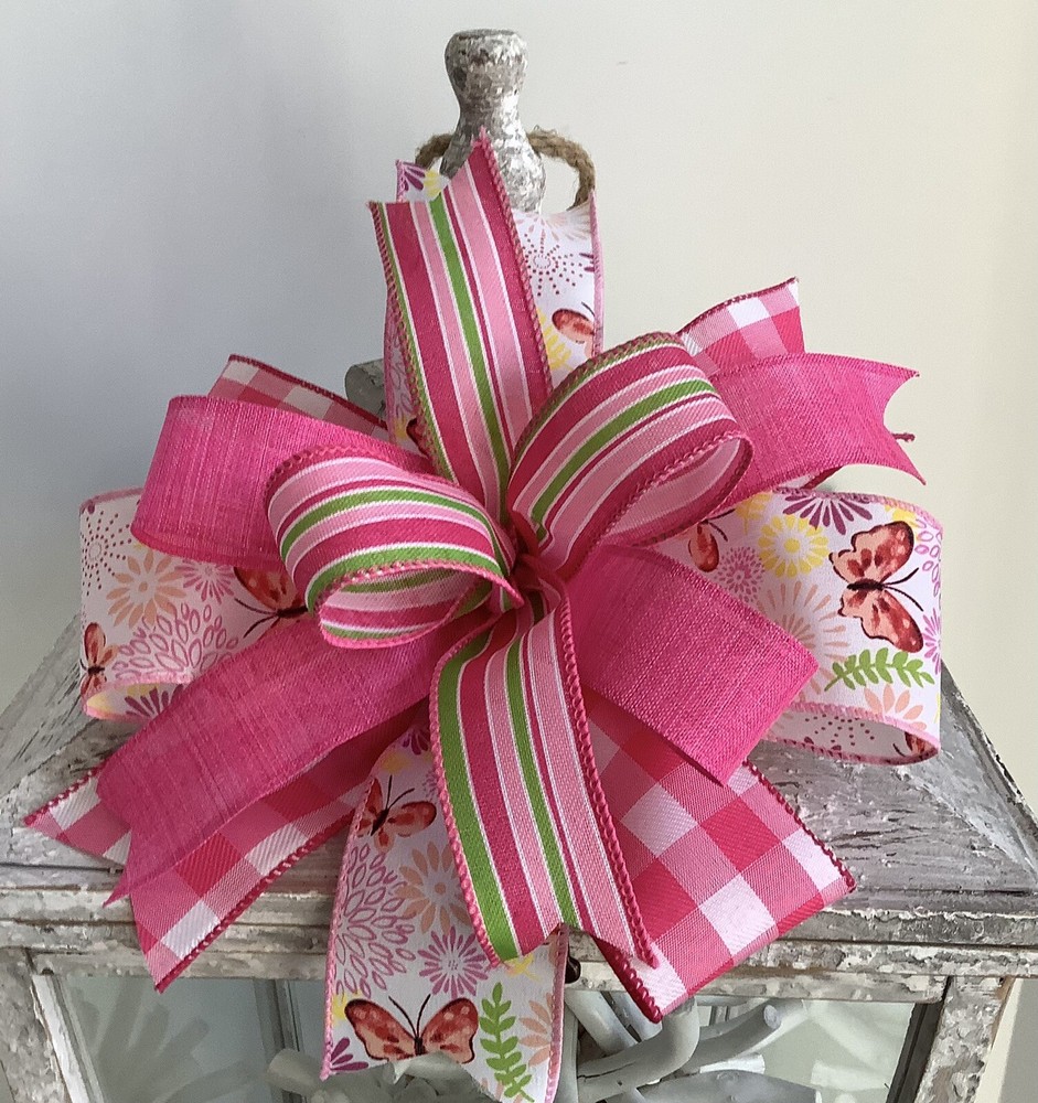 10" Whimsical Easter Wreath Bow, Spring Lantern Bow - Handmade/ Butterflies