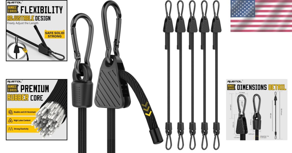 Multipurpose Heavy Duty Bungee Cords with Adjustable Hooks - 6 Pack, 48" Length
