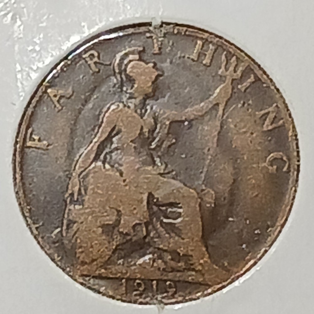 1919 Farthing Reverse Ghosting Error Coin United Kingdom World Coin