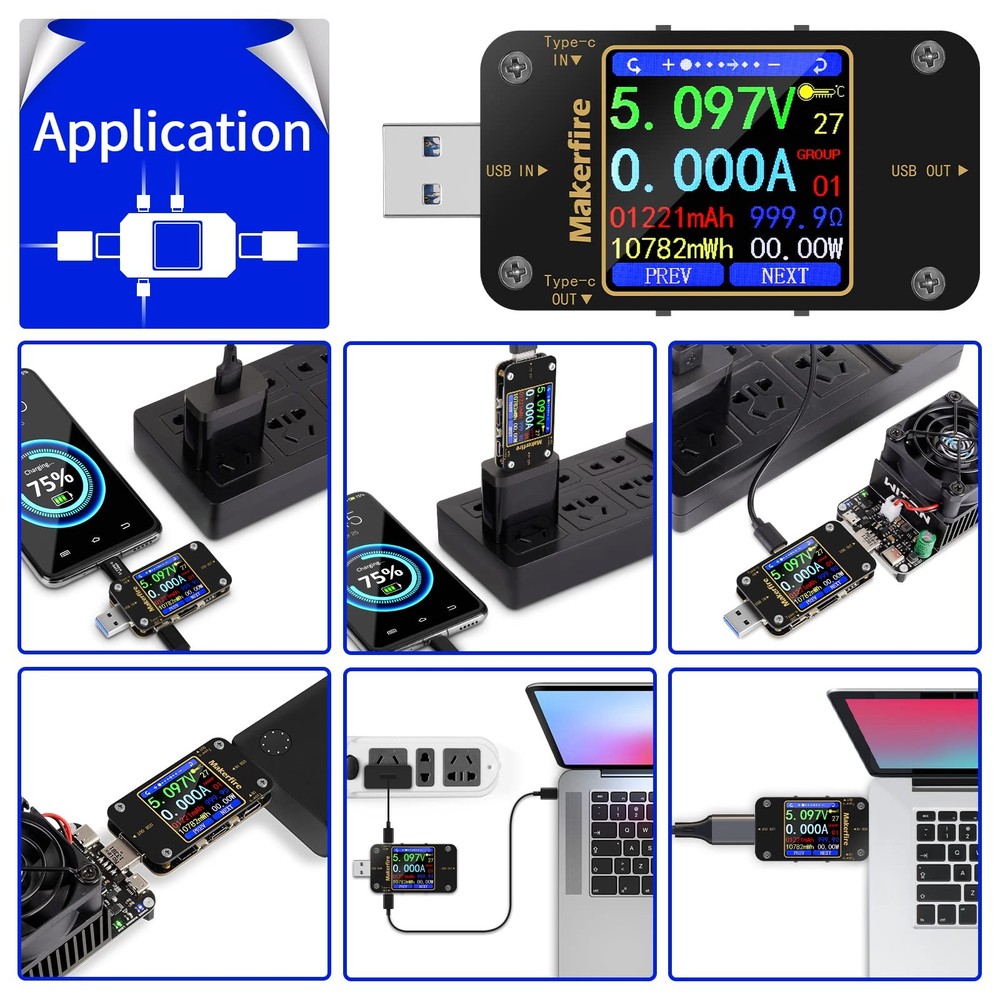MakerHawk USB Multimeter Voltmeter Ammeter Load Tester Black Green