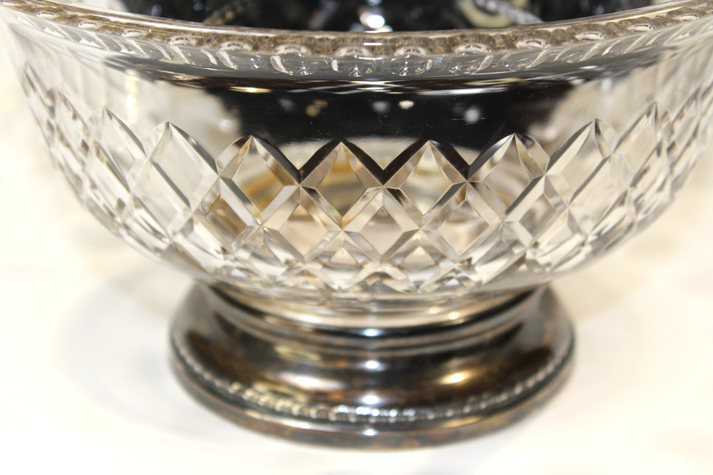 Lg Vintage Cut Crystal Bowl Footed Base Solid Sterling Silver Base Serving Fruit