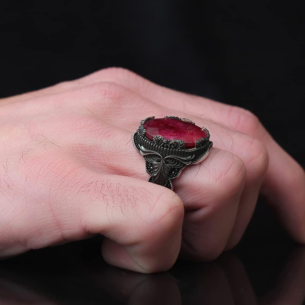 Ruby Stone Men Silver Ring, 925 Sterling Silver Ruby Gemstone Ring, Handmade