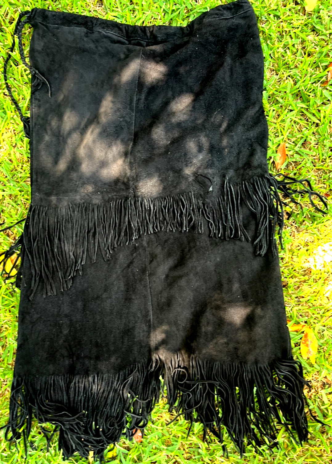 Native American Indian Black Suede Fringe Shawl & Skirt Leather 1970s Vintage!