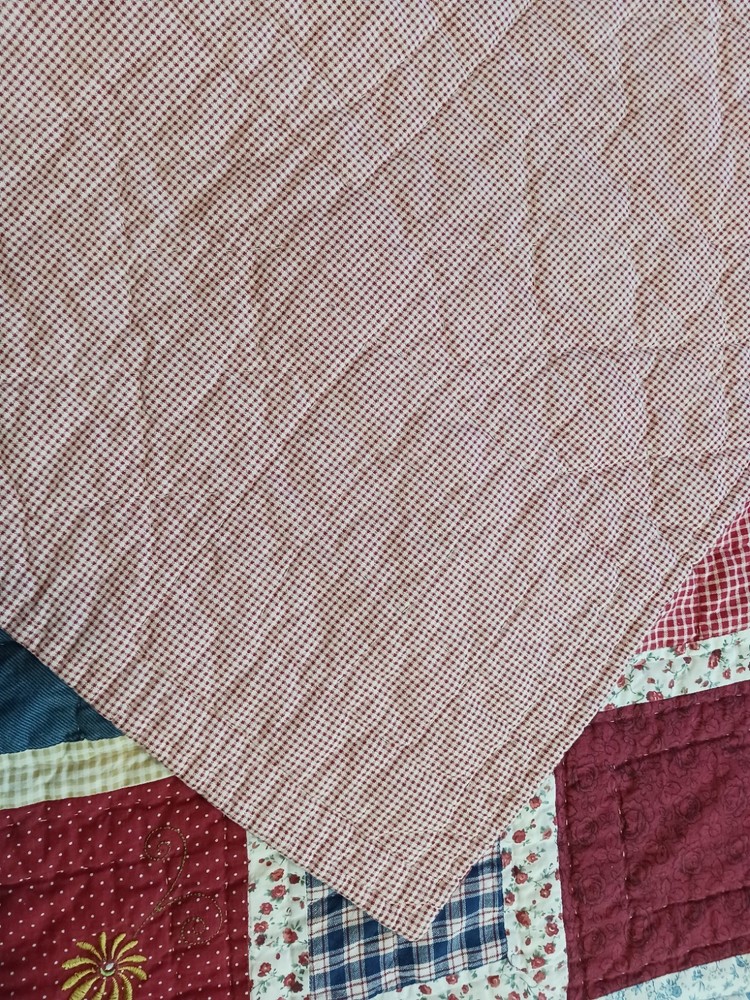 Pretty Block Patchwork Quilt red Blue White Florals Ginghams 86x88"