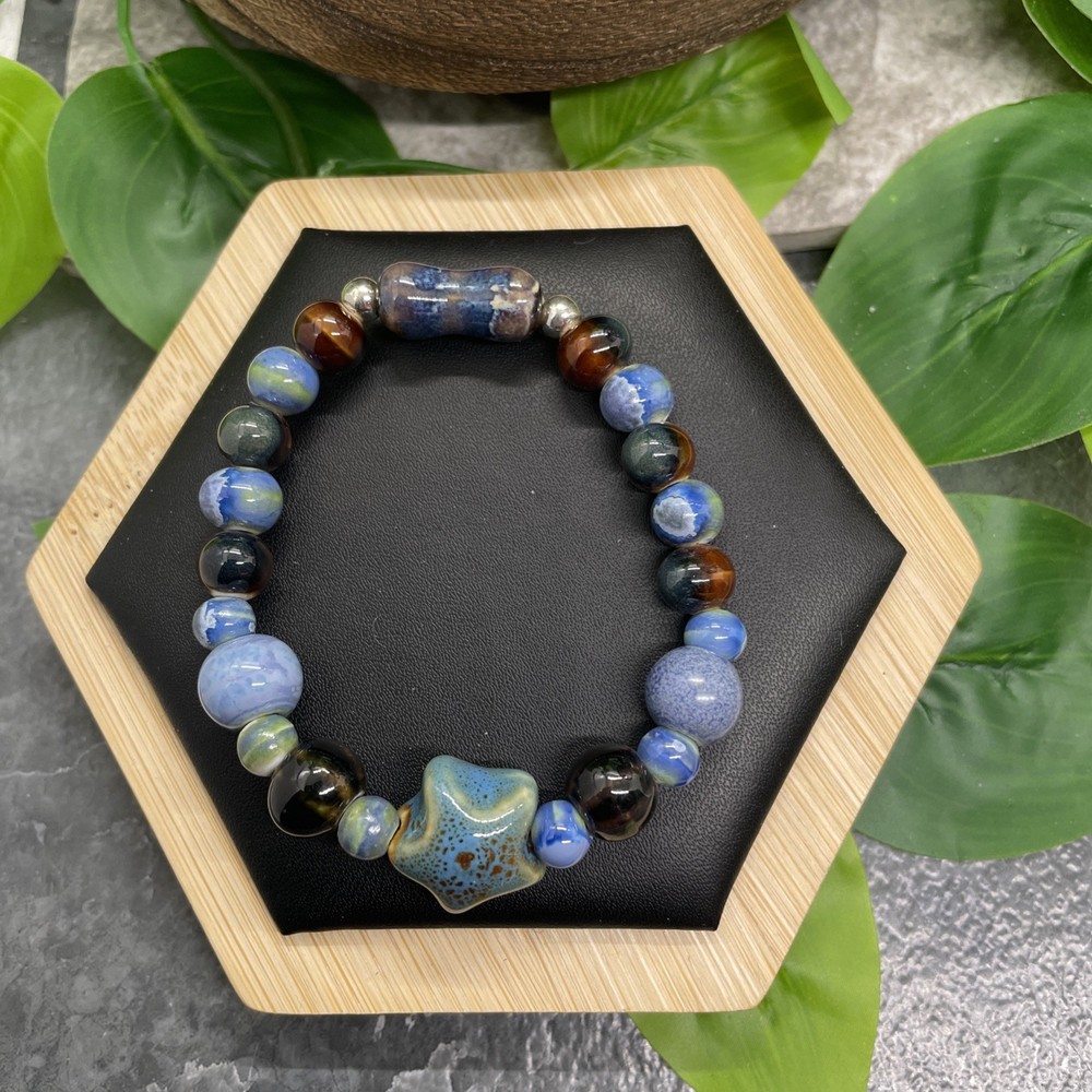 Handmade Ceramic Bead Beaded Stackable 6.5” Plus Stretch Bracelet New B22