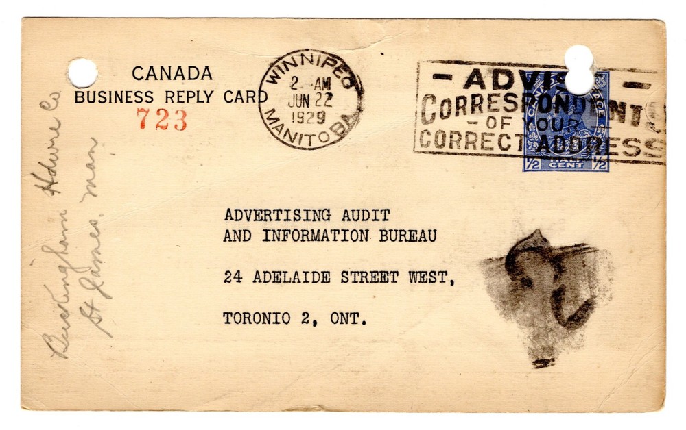 P27, ½c blue, Type 9, 1912-1929 Admiral Issue, Regular Issue Canada Post Card