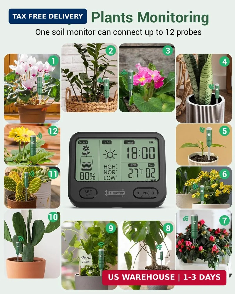 Dr.meter 4-in-1 Soil Moisture Meter, 300ft Wireless Soil Tester Sensor, Temperat