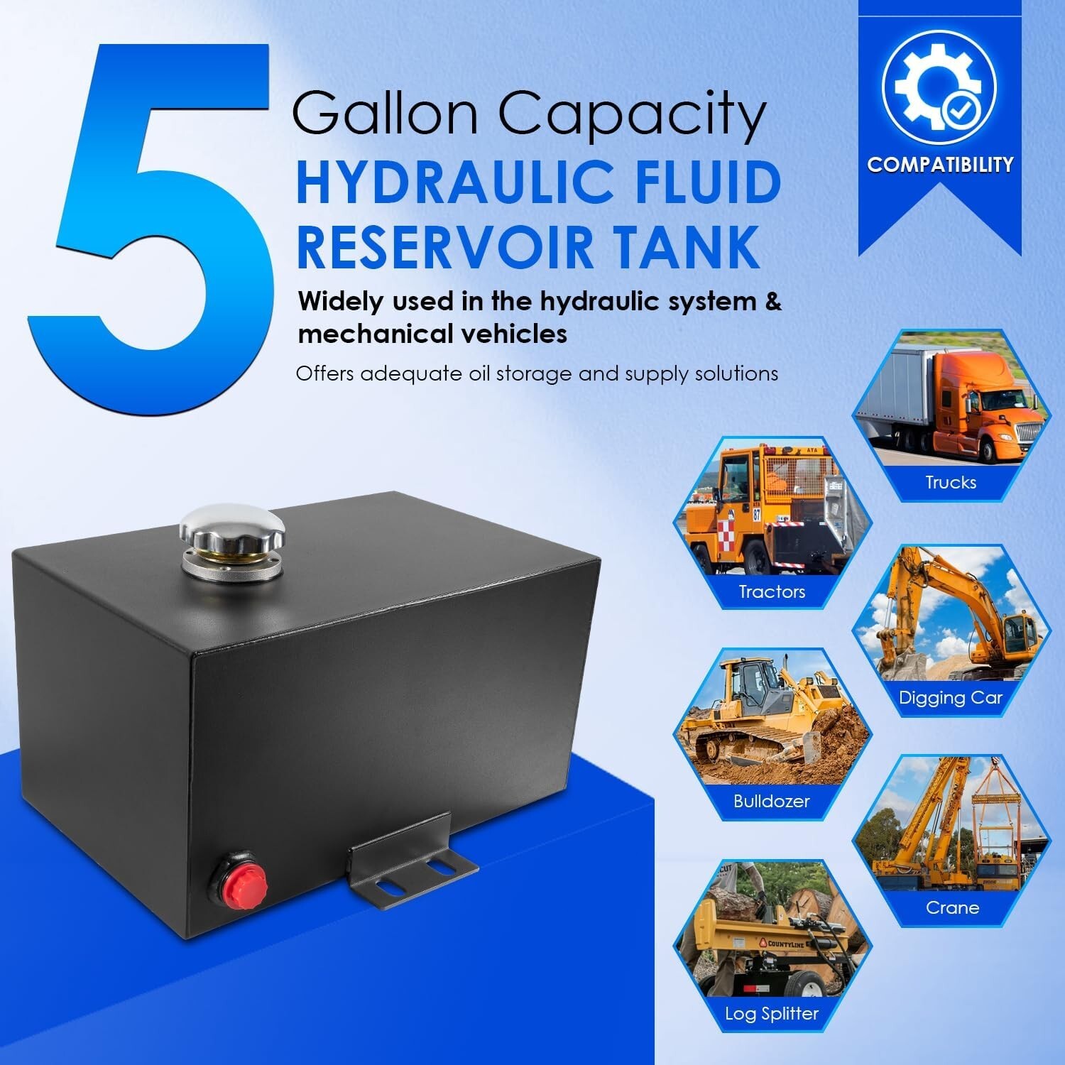 5 Gallon Hydraulic Fluid Reservoir Tank, Inlet 1-1/2" & Outlet 3/4" FNPT Port