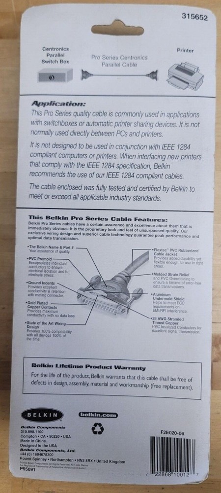 New Old Stock BELKIN Parallel Cable 6ft
