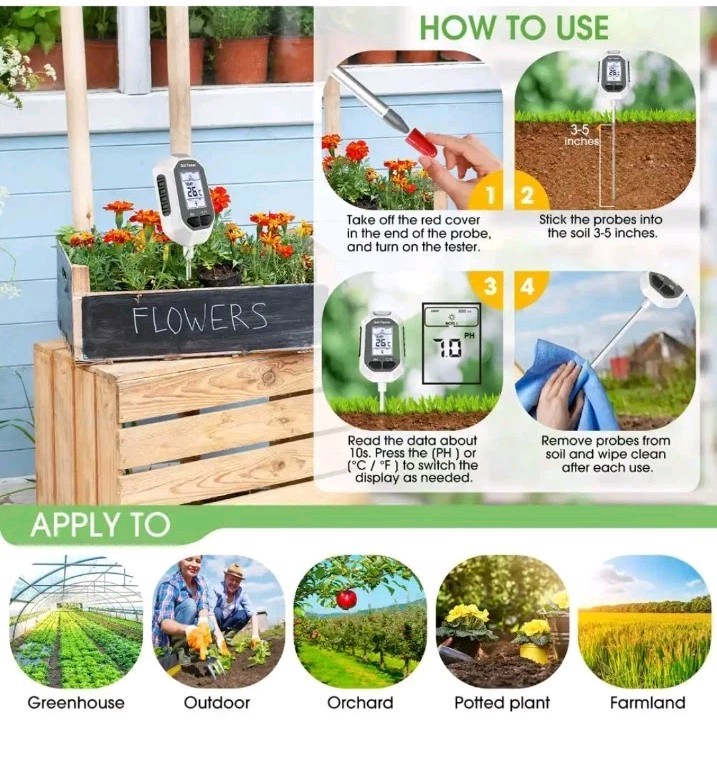 Advanced Soil Tester: Moisture, pH, Temperature & Light - Backlight Display. F1
