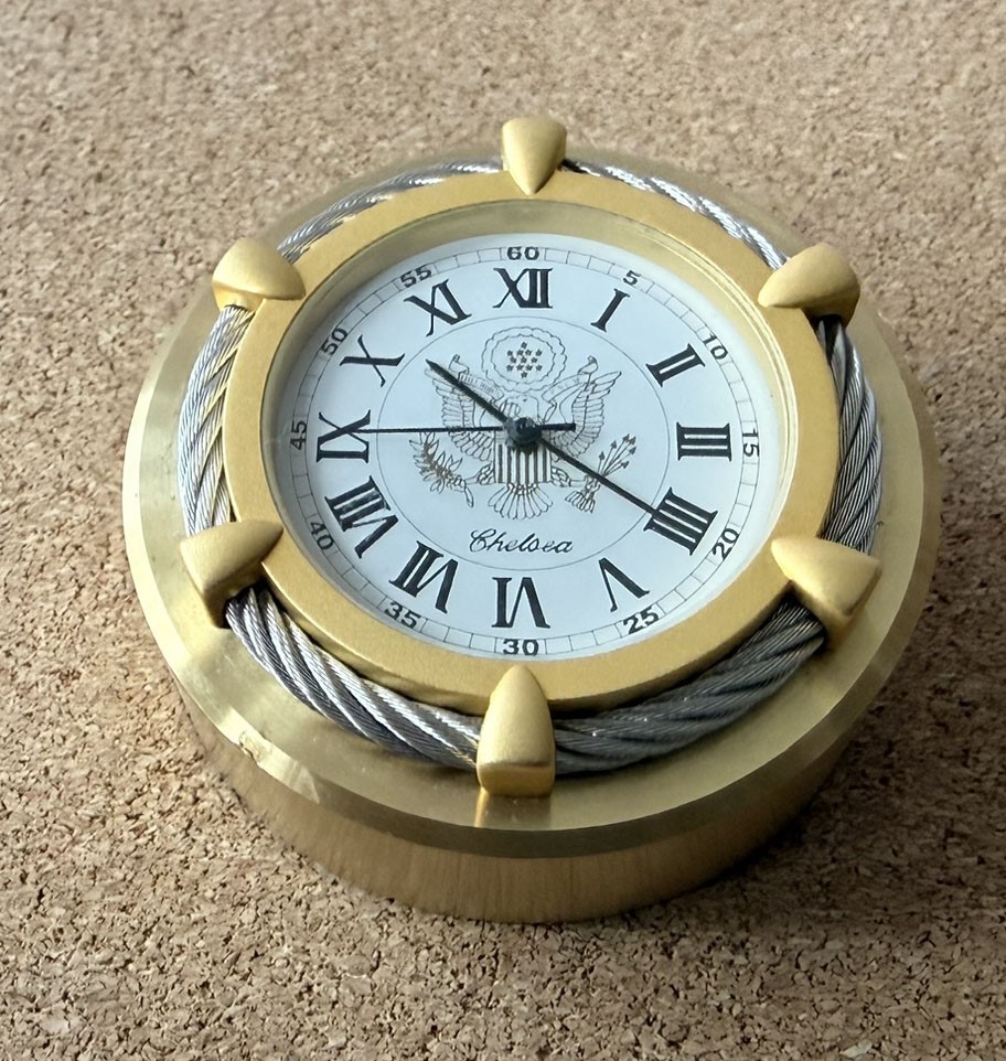 Chelsea Clock Solid Brass Cable Paperweight Clock W/American Eagle - RARE