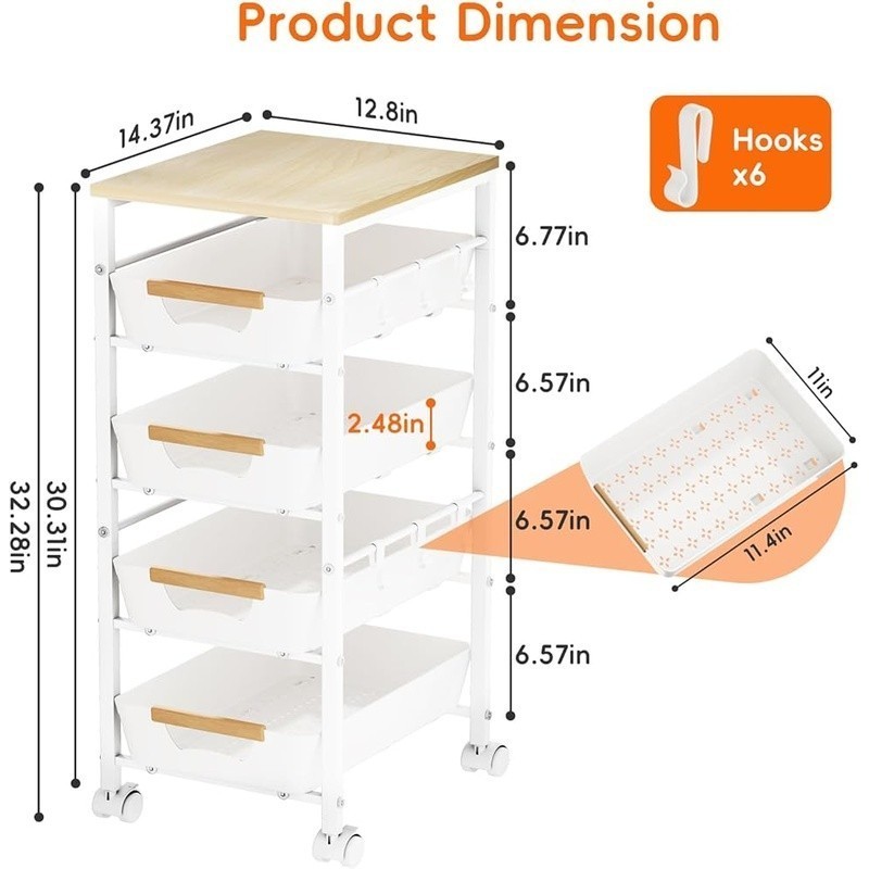 Versatile Rolling Utility Cart W/ Drawers Kitchen Storage & Organization New