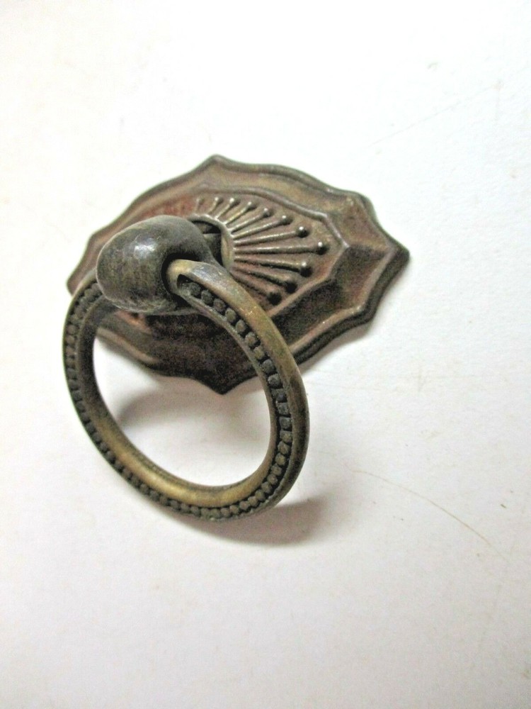Small 1900s Aged Dark Brass Plated Drop Ring Pull Handle & Backplate 1 Antique