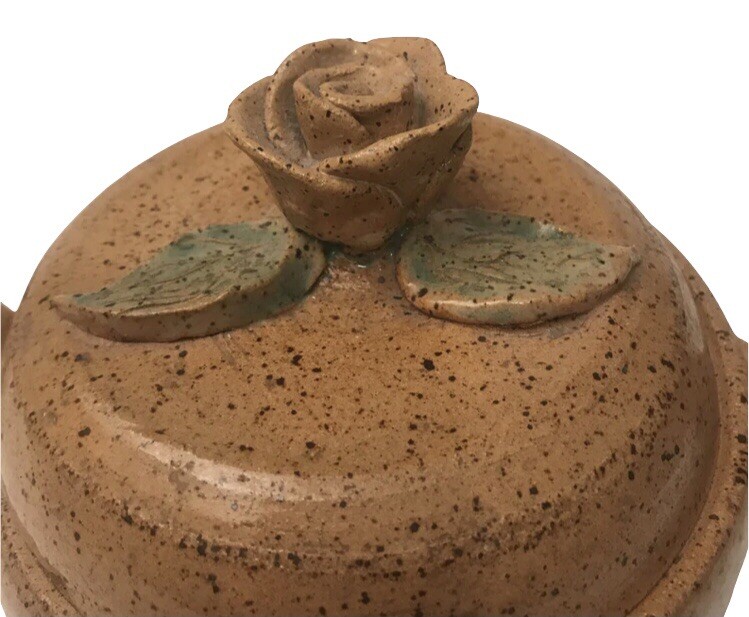 Vintage Handmade Jar With Rose Bud Lid Handle Signed REF