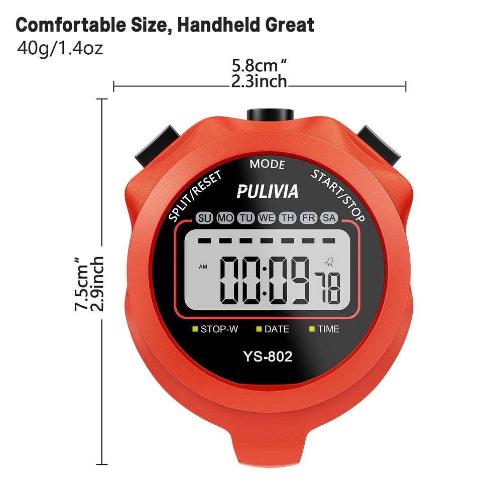PULIVIA Sports Stopwatch Timer Single Lap Split Digital Stop Watch for Red