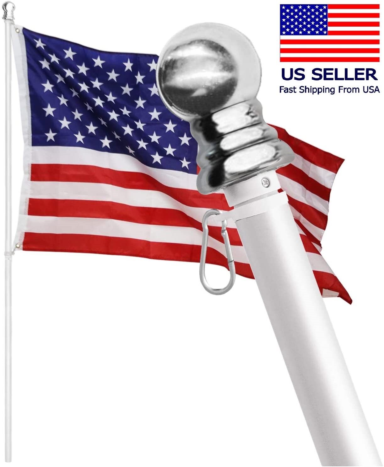 Tangle Free Spinning Flag Pole Aluminum 6FT Two Piece Design Durable Rust Free