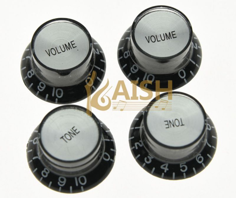 KAISH 4pcs Guitar Reflector Knobs Black/Silver Top Hat Knobs For LP Epiphone SG