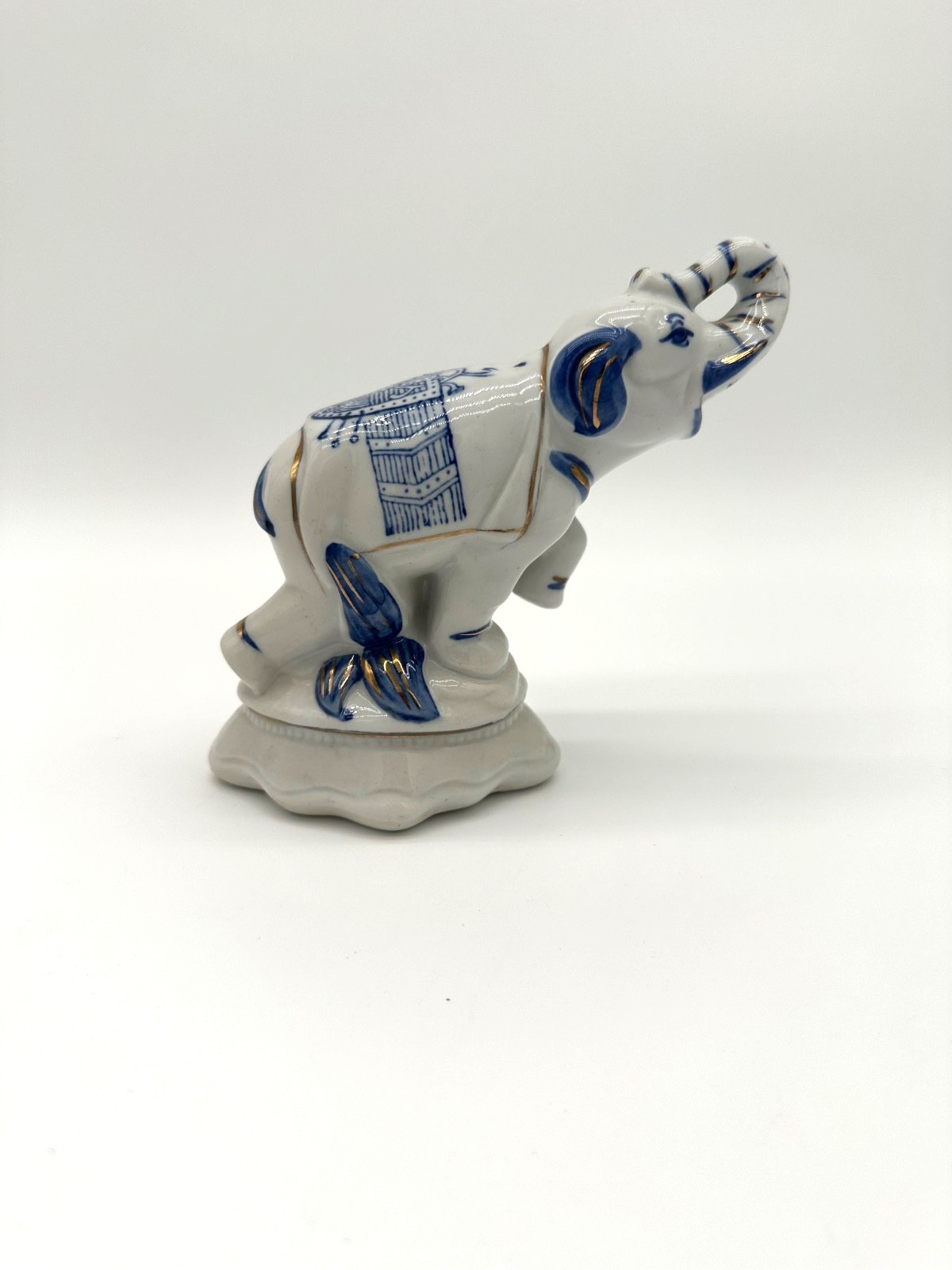 Vintage Elephant Delft Style White With Blue & Gold Accents