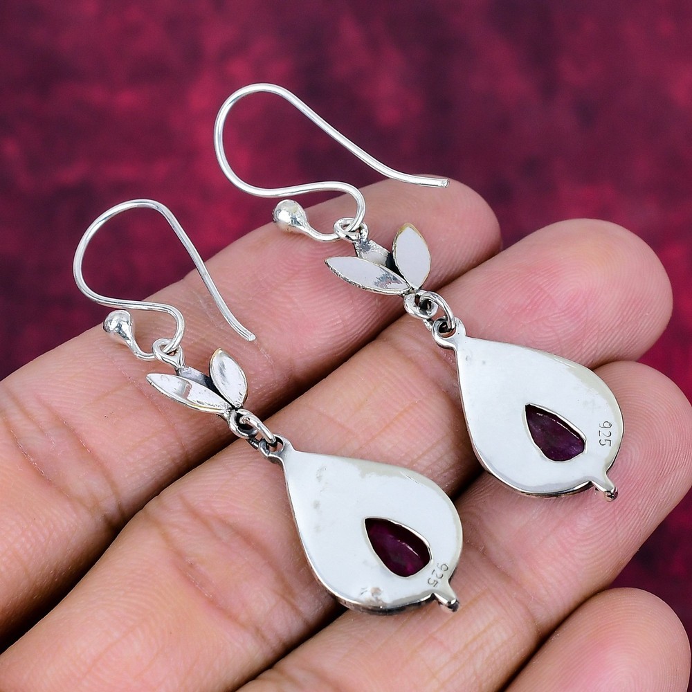 Ruby Balancing Gemstones Handmade 925 Solid Silver Lab-Created Earrings Jewelry