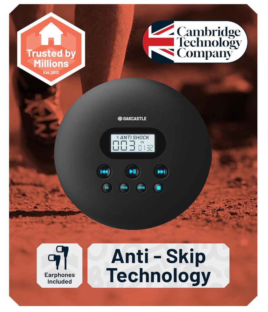 Oakcastle CD100 Rechargeable Portable Bluetooth CD Player 12hr Small Black