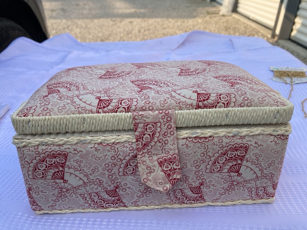 Small Red/Ivory Sewing Box With Some Accessories
