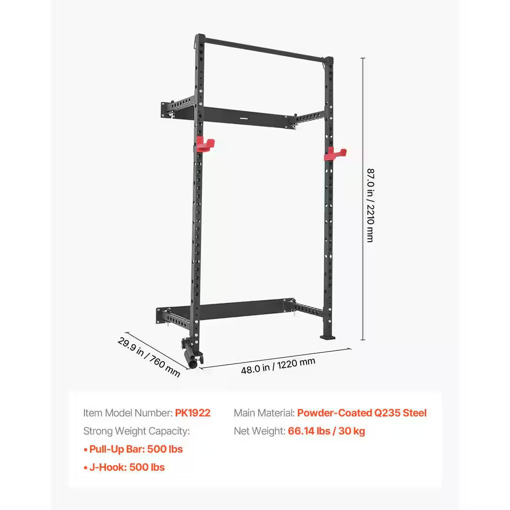 Folding Power Cage, Wall-Mounted Power Rack Squat Rack, Multifunctional Strength