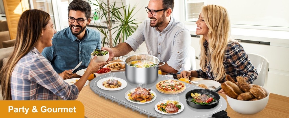 Electric Food Warming Mat, Adjustable Temp Timer, Silicone, 24"x15" Gray