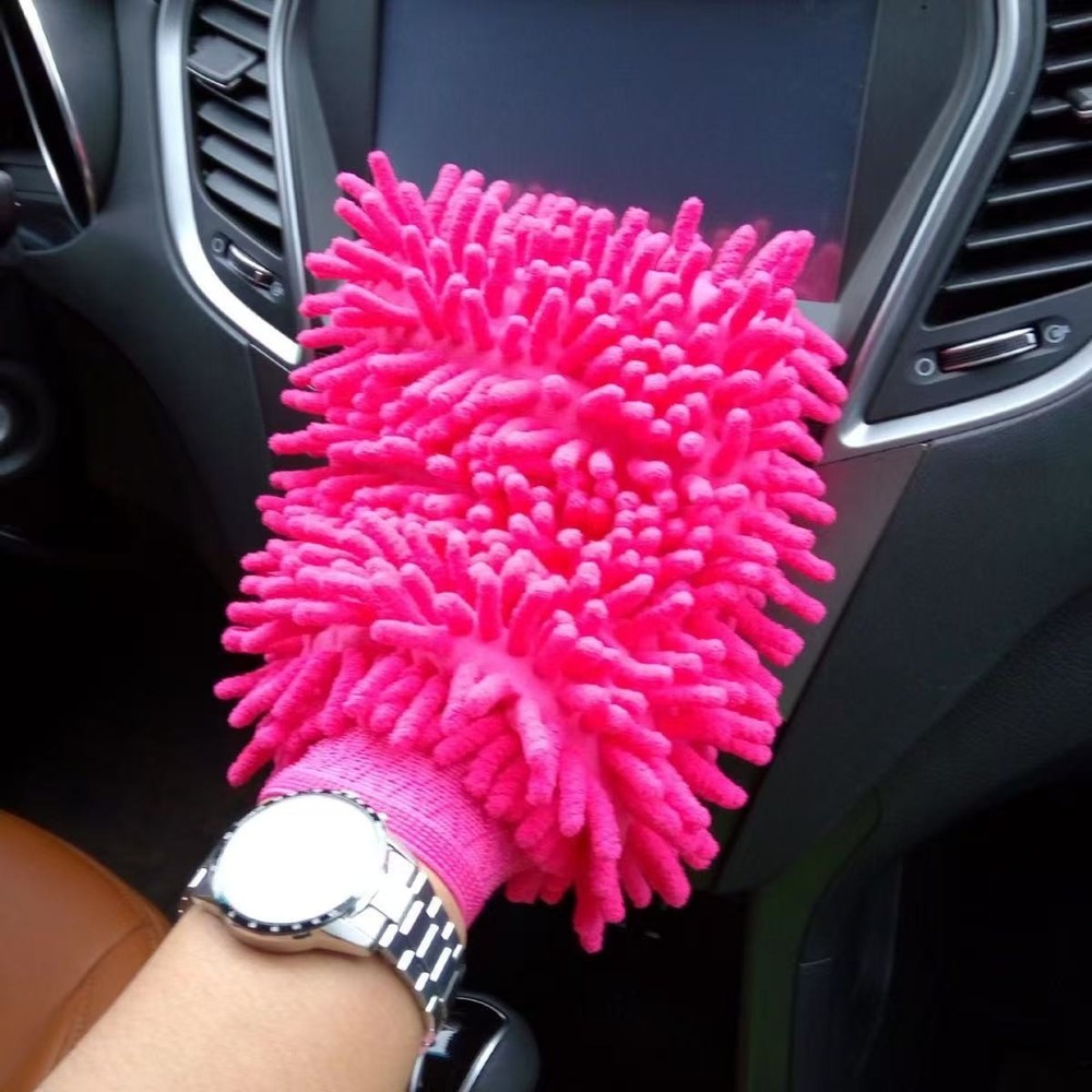 Green Car Washing Gloves Solid Color Microfiber Chenille Single Side Cleaning